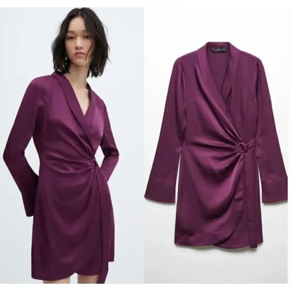 Mango Florence Dress Satin Long Sleeve Buckled Wrap Mini Purple NWT 4